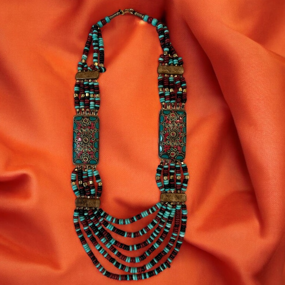 Vintage Tribal‎ Boho Beaded Necklace Brass Inlay Red Turquoise Statement Jewelry